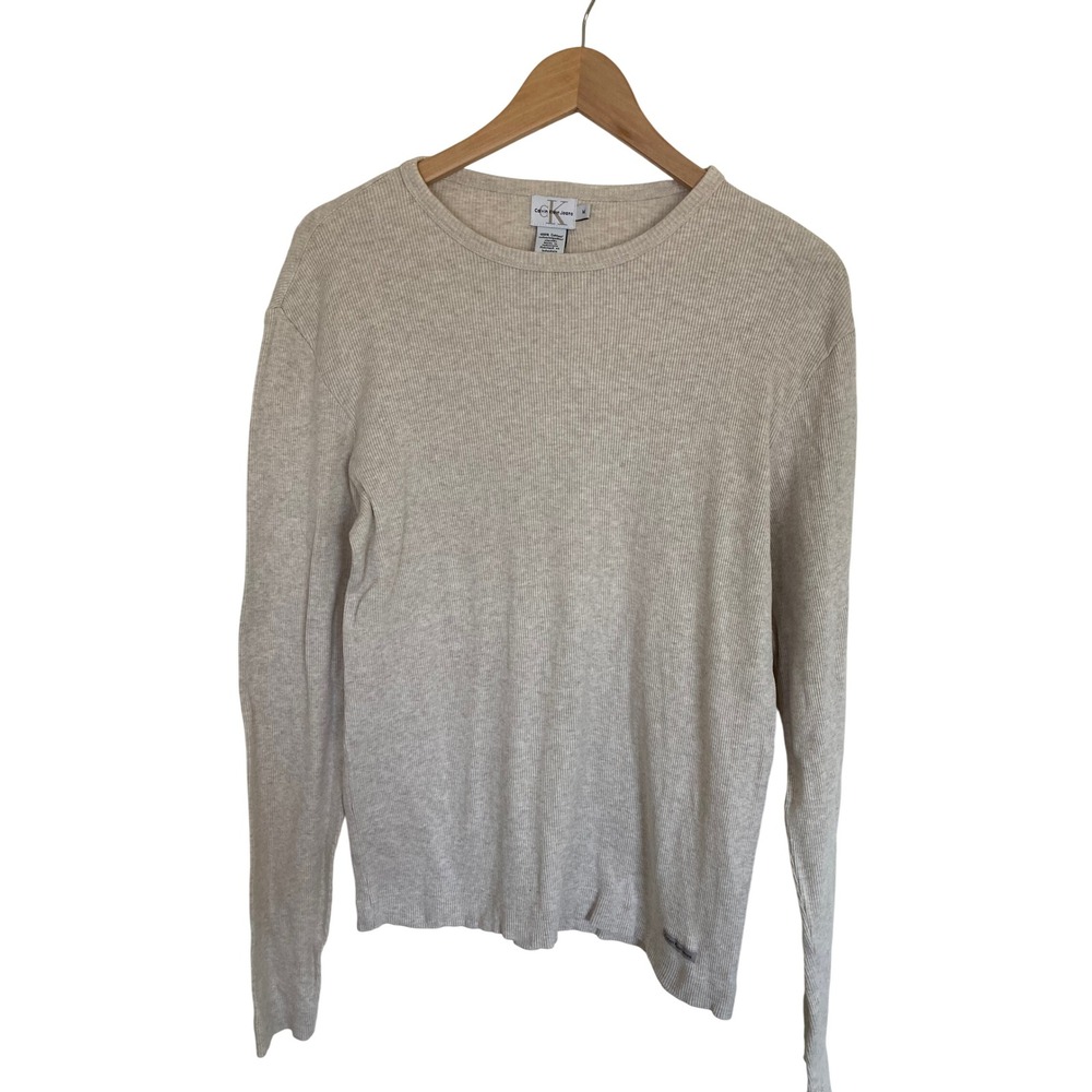 Calvin Klein Jeans Womens Oatmeal Ribbed Cotton Long Sleeve Thermal Top M
